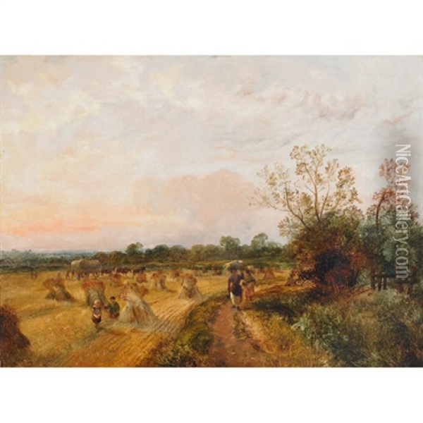 Women And Children In A Hayfield Oil Painting - Henry H. Parker
