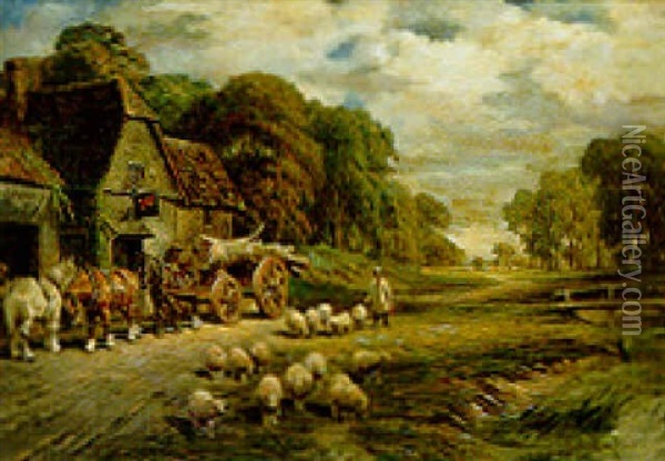 A Logging Cart And A Shepherd And Flock Before An Inn, In A Wooded River Landscape Oil Painting - Thomas Creswick