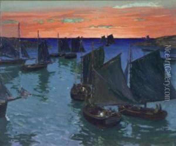Sailboats Gathered In A Harbor At Dusk Oil Painting - Jonas Lie