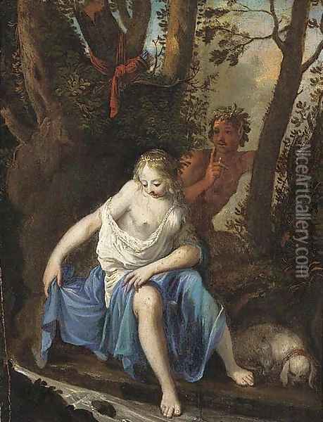 Diana bathing with a satyr looking on Oil Painting - Nicolas Van Schoor