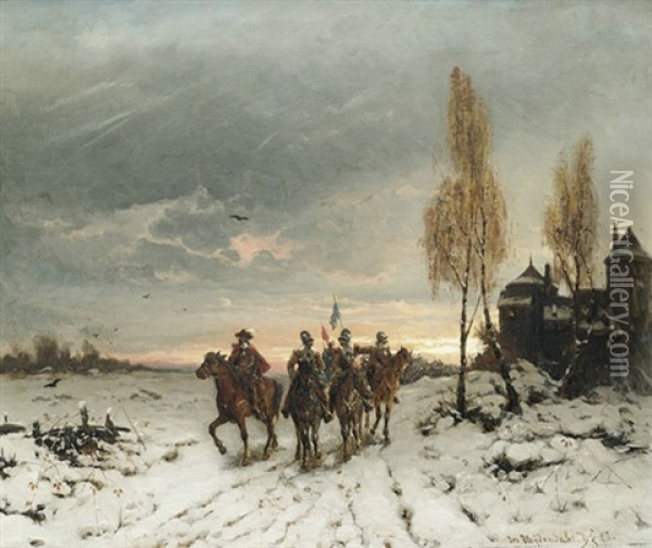 Winterliche Landschaft Mit Berittenen Soldaten Vor Einem Schloss Oil Painting - Friedrich Josef Nicolai Heydendahl