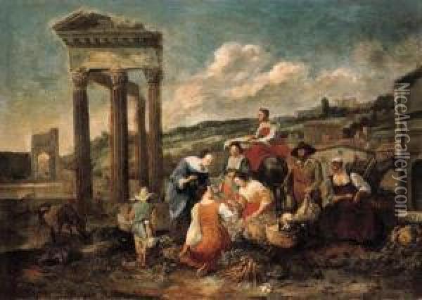 An Italianate Market By A Ruined Temple Oil Painting - Hendrick Mommers
