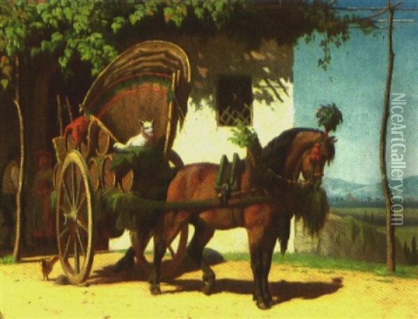 Sydlandsk Exterior Med Hestevogn Oil Painting - Adolf Heinrich Mackeprang