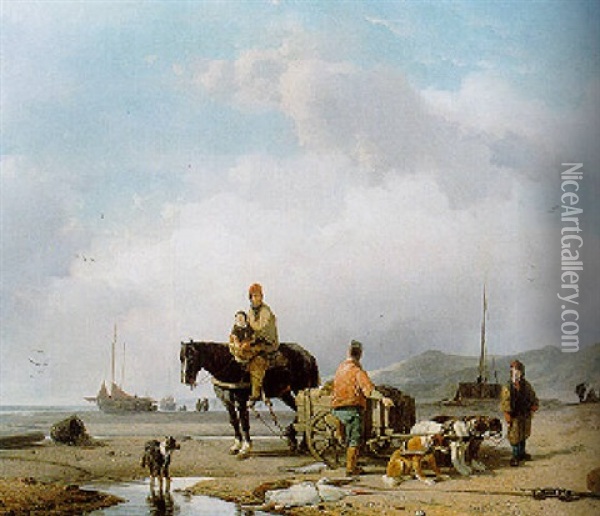 Unloading The Catch, Low Tide Oil Painting - Joseph Jodocus Moerenhout