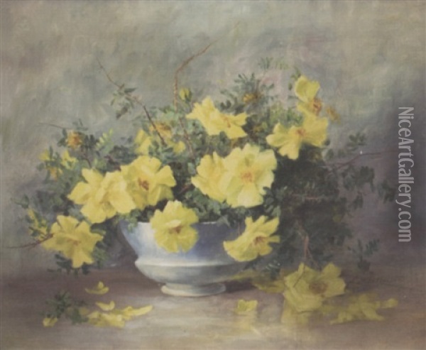 Yellow Flowers On A Tabletop Oil Painting - Lydia M. B. Hubbard