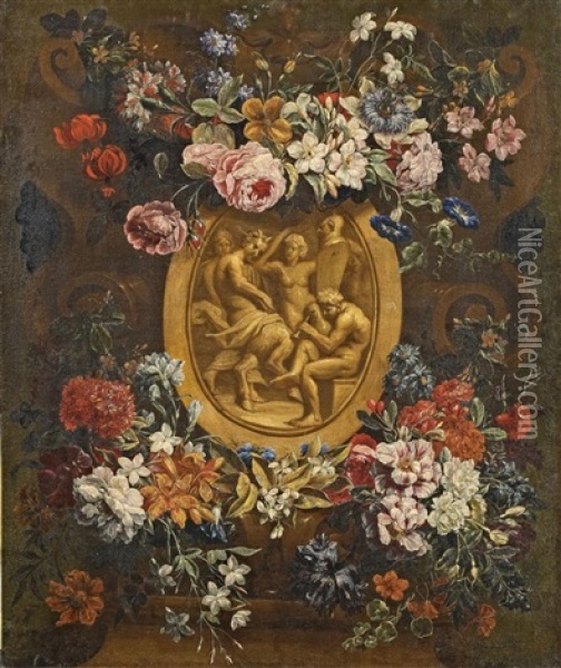 Blumengirlande Um Eine Steinkartusche Mit Einer Satyrszene Oil Painting - Gaspar Pieter Verbruggen the Younger