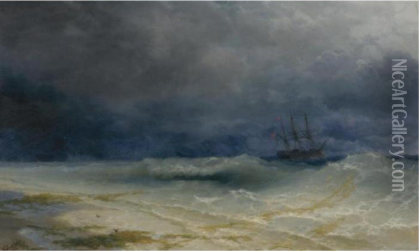Ship In A Stormy Sea Off The Coast Oil Painting - Ivan Konstantinovich Aivazovsky