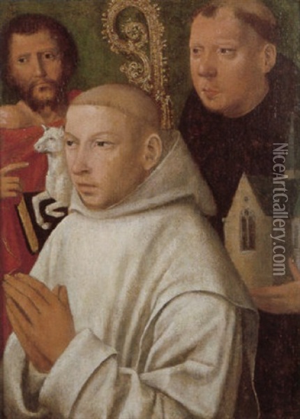 Saints John The Baptist And Benedict With A Monastic Donor Oil Painting - Gerard David