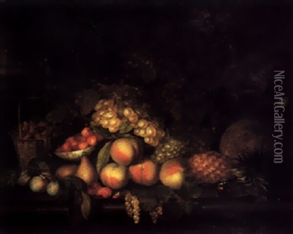 Still Life With Peaches, Grapes, Plums, Various Other Fruits And Hazelnuts In A Basket, All On A Stone Ledge With A Butterfly Oil Painting - Jakob Bogdani