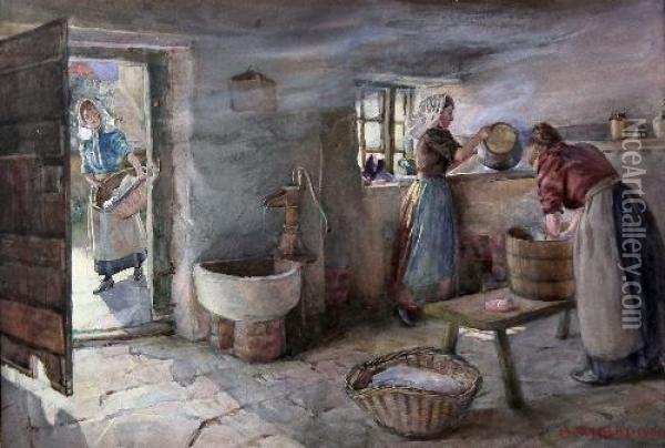 Interior Of Cottage With Cottagers At Work Oil Painting - Alfred Gilbert