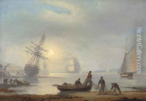 Fishermen sorting their nets on the foreshore at Teignmouth, at dusk Oil Painting - Thomas Luny