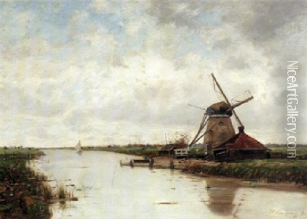 Hollandische Polderlandschaft Mit Windmuhle Oil Painting - Helmuth Liesegang