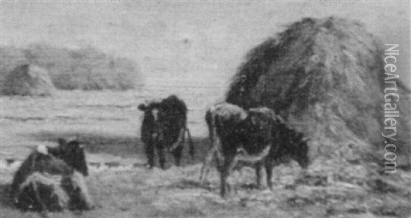 Cattle By A Haystack Oil Painting - Edward Burrill