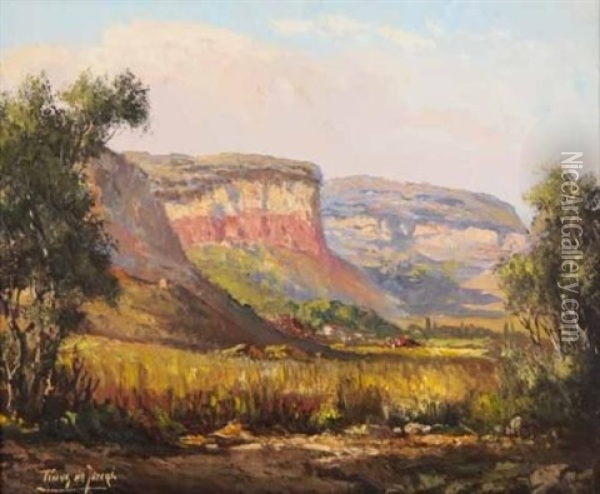 Red Mountains In An Extensive Landscape Oil Painting - Tinus de Jongh