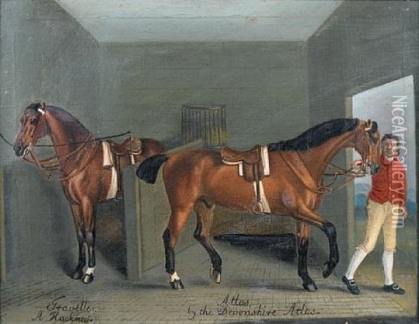 A Stable Interior With The Racehorses Traveler And Atlas Held By A Groom Oil Painting - Francis Sartorius the Elder