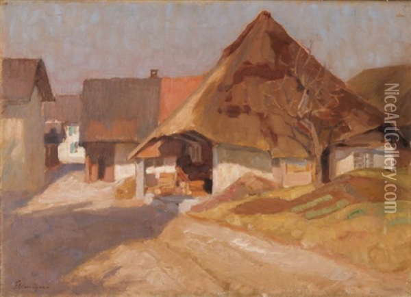 Haus Mit Strohdach In Moriken (+ Schneelandschaft; Verso) Oil Painting - Franz Jakob Elmiger