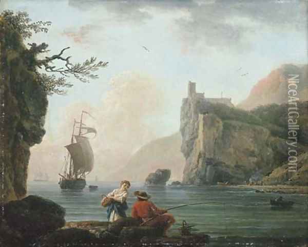 A rocky coastal landscape with a fisherman talking to a peasant girl Oil Painting - Claude-joseph Vernet