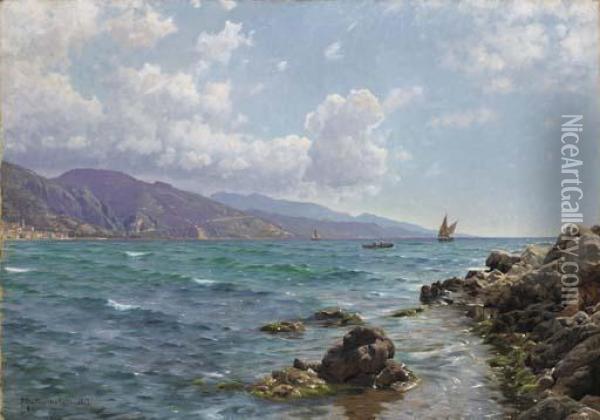 Fishing Boats On The Water, Cap Martin Oil Painting - Peder Mork Monsted