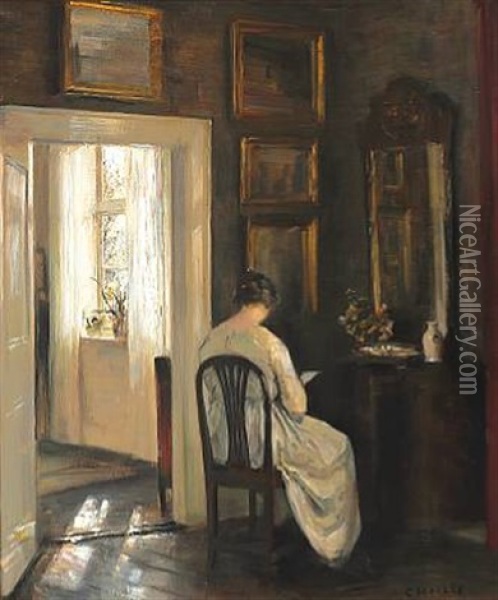 Interior With The Painter's Wife Reading Oil Painting - Carl Vilhelm Holsoe