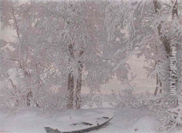 Vinterlandskap Med Vattendrag Och Eka Oil Painting - Gustaf Fjaestad