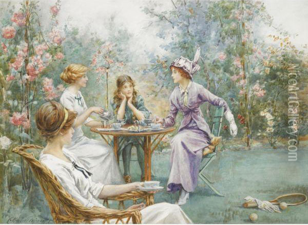 Afternoon Tea At The Tennis Party Oil Painting - Charles MacIvor or MacIver Grierson