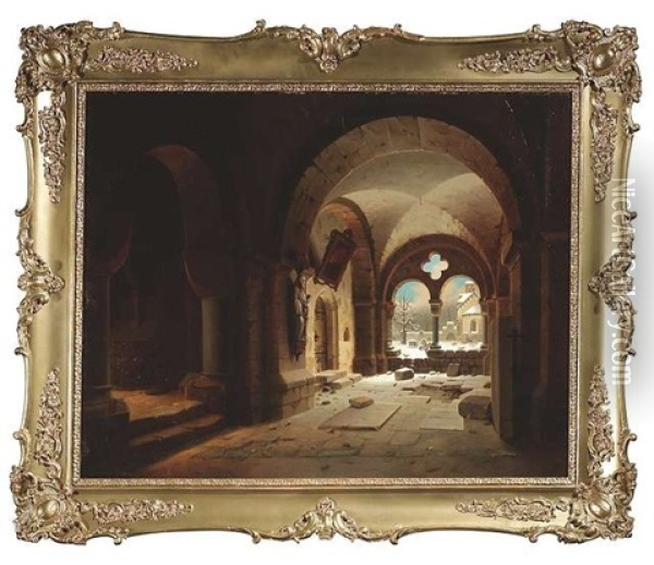 Mittelalterlicher Kreuzgang Mit Ausblick Auf Den Verschneiten Kirchhof Oil Painting - Wilhelm Steuerwald