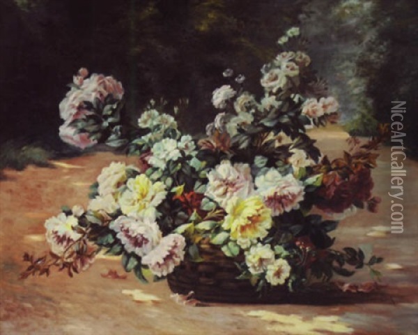 Still Life Of Peonies In A Basket Oil Painting - Paul Biva