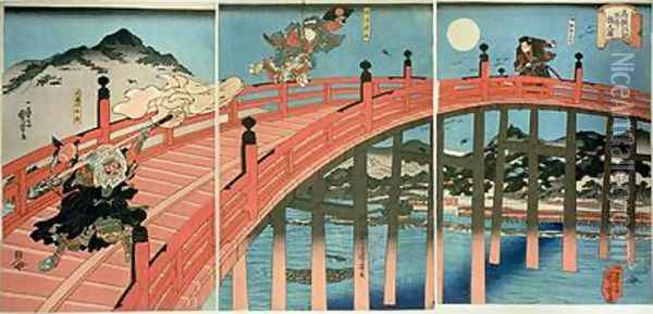 Ushiwaka and Benkei fighting on Gojo bridge Oil Painting - Utagawa Kuniyoshi