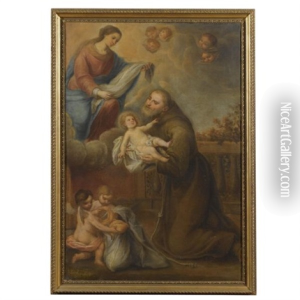 The Virgin Mary And Saint Felix Of Cantalice Holding The Infant Jesus In His Arms Oil Painting - Bartolome Esteban Murillo