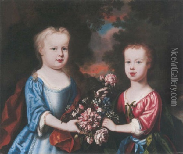 Portrait Of Two Children With Flowers In A Landscape, One Wearing A Red Dress, The Other A Blue Dress, Both Holding A Garland Of Flowers Oil Painting - Robert Byng