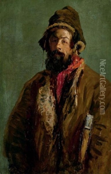 Portrait Of A Bearded Peasant In A Sheepskin Coat Oil Painting - Filip Malyavin