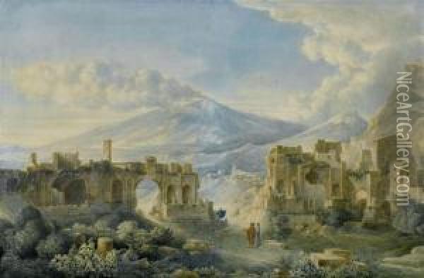 The Antique Theatre Of Taormina With A View Of Etna Oil Painting - Louis Jean Desprez