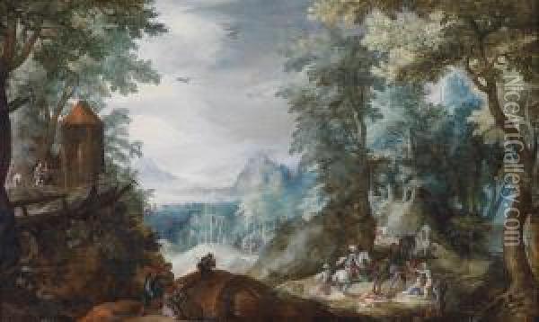 Wooded Landscape With Ambush Oil Painting - Pieter Schoubroeck