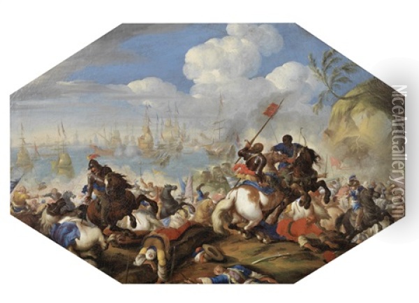 A Cavalry Skirmish With A Harbor Scene Beyond Oil Painting - Francesco Monti