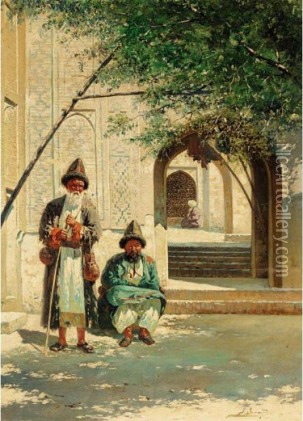 Travellers Outside A Mosque Near Samarkand Oil Painting - Richard Karlovich Zommer