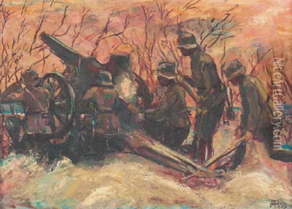 Haubitze Mit Funf Wehrmachtssoldaten Im Winter Oil Painting - Friedrich August Ravenstein
