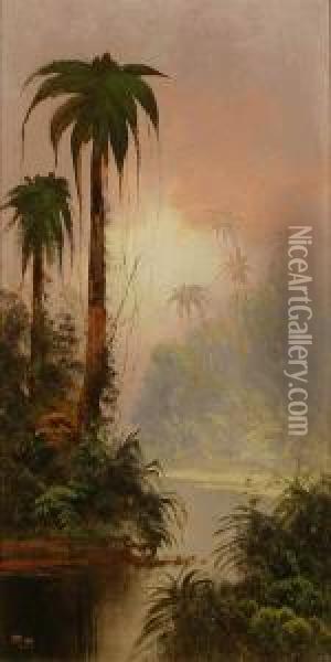 Tropical River Landscape S & Dated L/l: N. Bush 1874 O/c 20 X 10.5 Oil Painting - Norton Bush
