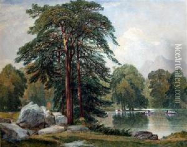 Wooded Lake Scene With Boat & Figures Oil Painting - Aaron Edwin Penley