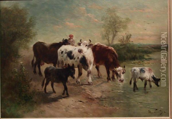 Category: Painting
 Description:koeien Aan De Drinkplaats Oil Painting - Henry M. Schouten