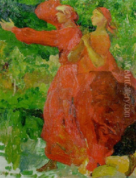 Two Russian Girls In Red Dress Oil Painting - Filip Malyavin