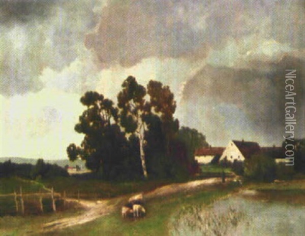 Landschaft Mit Gehoft Und Schafen Am Wegrand Oil Painting - Alfred Zimmermann