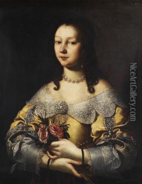 Portrat Einer Eleganten Dame Mit Kleinem Rosenbouquet Oil Painting - Pier Francesco Cittadini Il Milanese