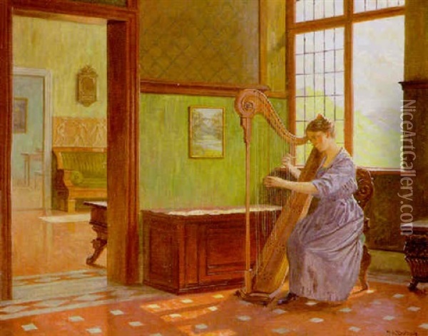 A Girl At A Harp In An Interior Oil Painting - Robert Panitzsch