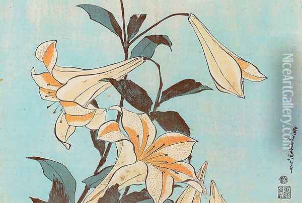 Lilies Oil Painting - Katsushika Hokusai