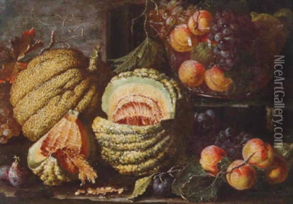 A Melon, Peaches, Plums And Grapes With A Glass Bowl Of Peaches And Grapes On A Ledge Oil Painting - Abraham Brueghel