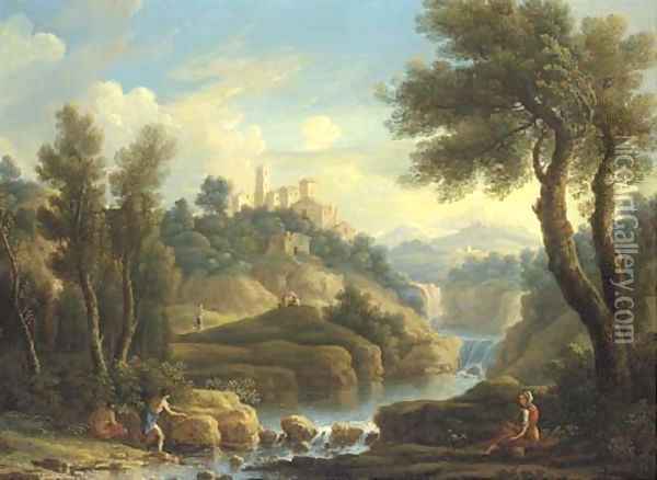 A mountainous river landscape with fishermen and other figures, a hilltop town beyond Oil Painting - Jan Frans Van Bloemen (Orizzonte)