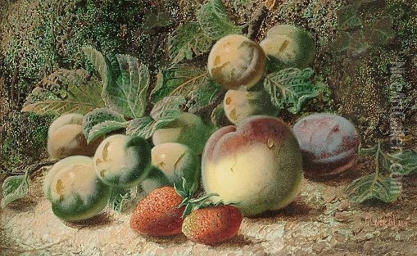 Still Life Of Fruit On A Bank; Still Life Of Raspberries, Apples And Gooseberries Oil Painting - Oliver Clare