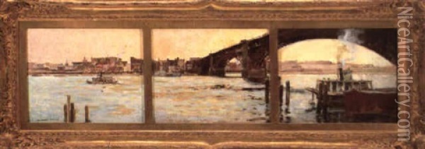 A View Of St. Louis, A Tryptich Oil Painting - Paul Cornoyer