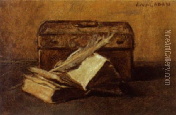 Stilleben Mit Buch, Feder Und Kofferchen Oil Painting - Jules Emmanuel Valadon