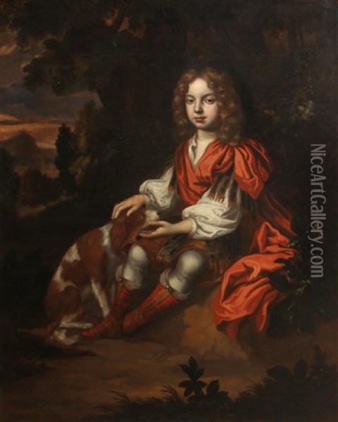 A Portrait Of A Boy, Full-length, Seated In A Woodland, His Dog By His Side Oil Painting - Charles d' Agar